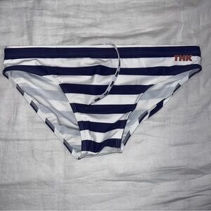 THK Mens Striped Swim Briefs - Navy Blue + White